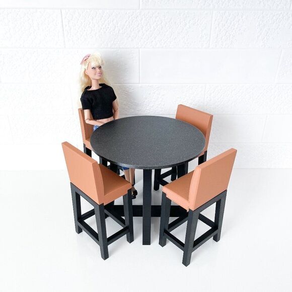 Miniature Barbie Bistro Black Table 4  Chairs 3D Printed Dollhouse Furniture - Picture 1 of 6